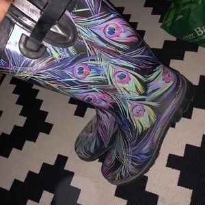 Peacock feather print rain boots